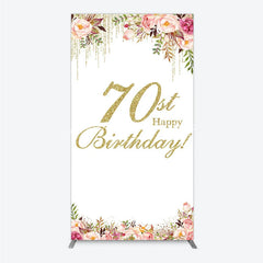 Lofaris Gold Glitter 70th Happy Birthday Rectangle Arch Backdrop Elegant Pink Floral Peonies Celebration Decor
