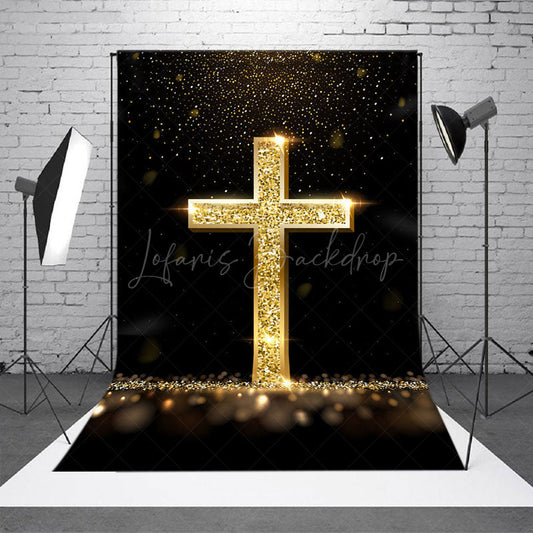 Lofaris Gold Glitter Cross Black Bokeh Easter Photo Backdrop