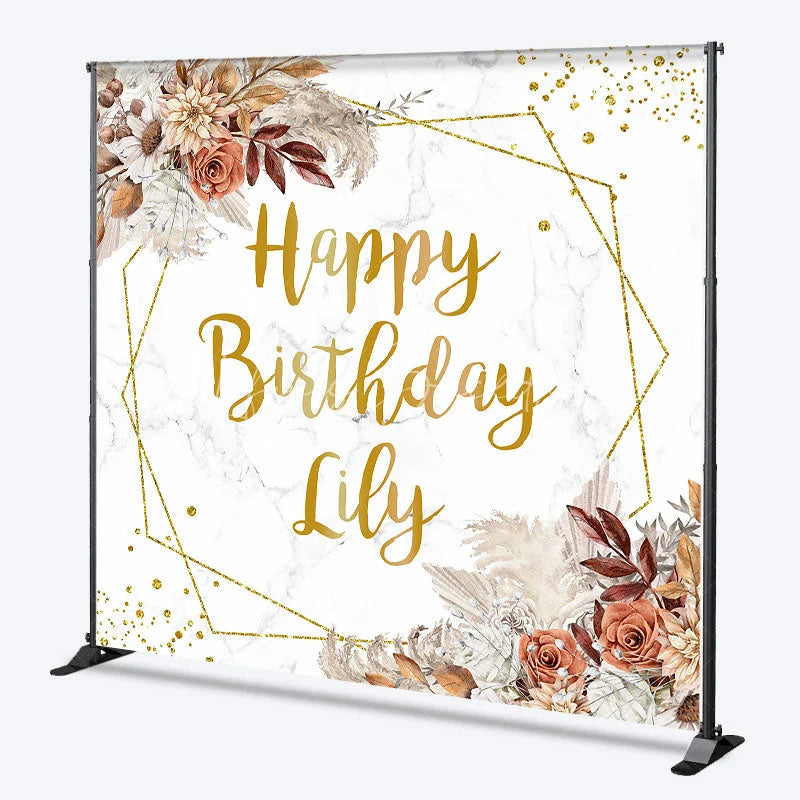 Lofaris Gold Glitter Geometric Custom Birthday Backdrop with Boho Floral and Marble Texture Happy Party Decor.