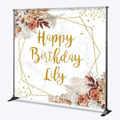 Lofaris Gold Glitter Geometric Custom Birthday Backdrop with Boho Floral and Marble Texture Happy Party Decor.