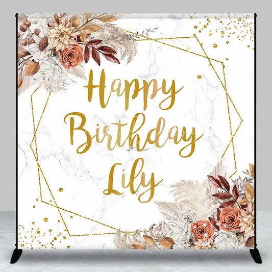 Lofaris Gold Glitter Geometric Custom Birthday Backdrop with Boho Floral and Marble Texture Happy Party Decor.