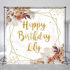 Lofaris Gold Glitter Geometric Custom Birthday Backdrop with Boho Floral and Marble Texture Happy Party Decor.