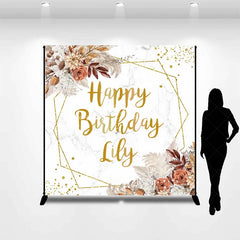 Lofaris Gold Glitter Geometric Custom Birthday Backdrop with Boho Floral and Marble Texture Happy Party Decor.