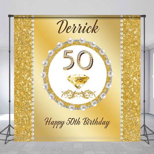 Lofaris Gold Glitter Pearl Custom Name 50th Birthday Backdrop