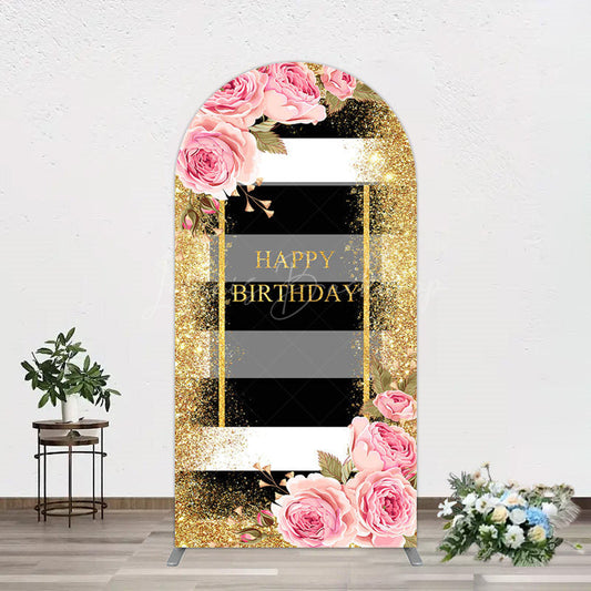 Lofaris Gold Glitter Pink Rose Stripe Birthday Arch Backdrop