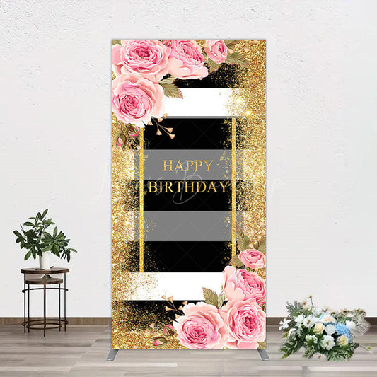 Lofaris Gold Glitter Pink Rose Stripe Birthday Rectangle Backdrop