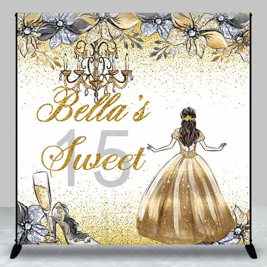 Lofaris Gold Glitter Princess Custom Name Sweet 15 Backdrop