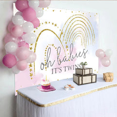 Lofaris Gold Glitter Rainbow Twins Baby Shower Backdrop Pastel Clouds Oh Babies Decoration Boy and Girl Party Prop