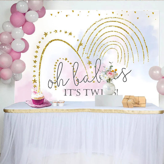 Lofaris Gold Glitter Rainbow Twins Baby Shower Backdrop Pastel Clouds Oh Babies Decoration Boy and Girl Party Prop