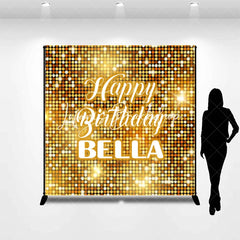 Lofaris Gold Glitter Shimmering Custom Birthday Backdrop with Happy and Any Name Festive Party Decor