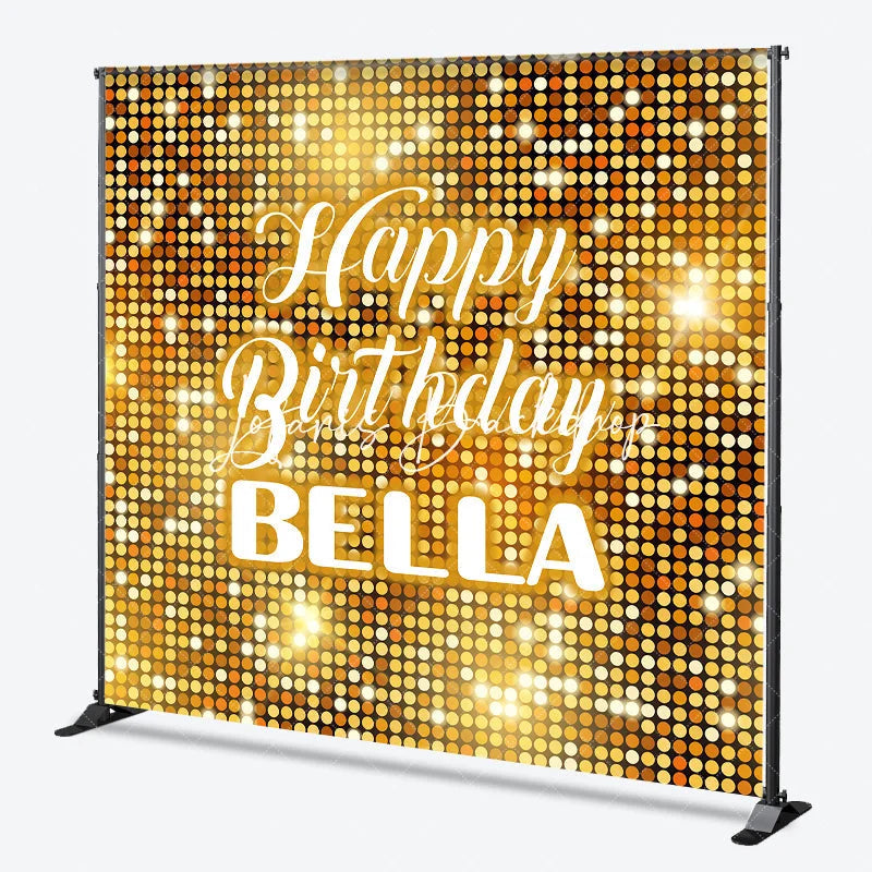 Lofaris Gold Glitter Shimmering Custom Birthday Backdrop with Happy and Any Name Festive Party Decor