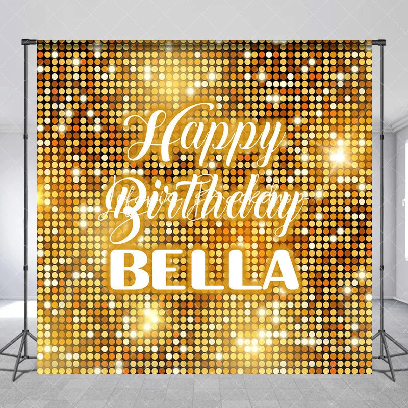 Lofaris Gold Glitter Shimmering Custom Birthday Backdrop with Happy and Any Name Festive Party Decor