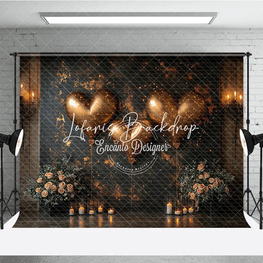 Lofaris Gold Heart Balloons Photography Backdrop with Sparkling Lights Elegant Floral Candle Decor for Romance