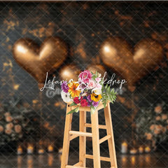 Lofaris Gold Heart Balloons Photography Backdrop with Sparkling Lights Elegant Floral Candle Decor for Romance