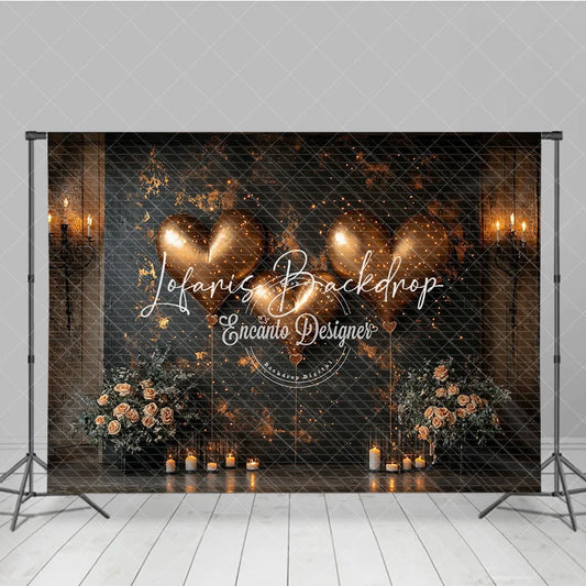 Lofaris Gold Heart Balloons Photography Backdrop with Sparkling Lights Elegant Floral Candle Decor for Romance