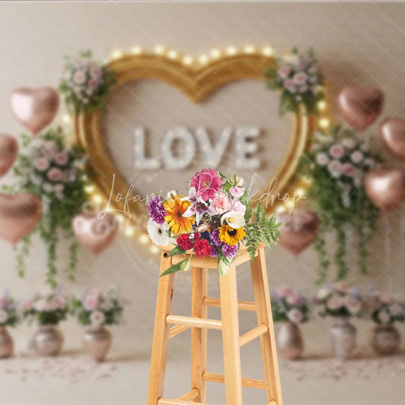 Lofaris Gold Heart Frame Marquee Lights Backdrop LOVE Letters Pink Balloons Floral Background Romantic Photography Banner