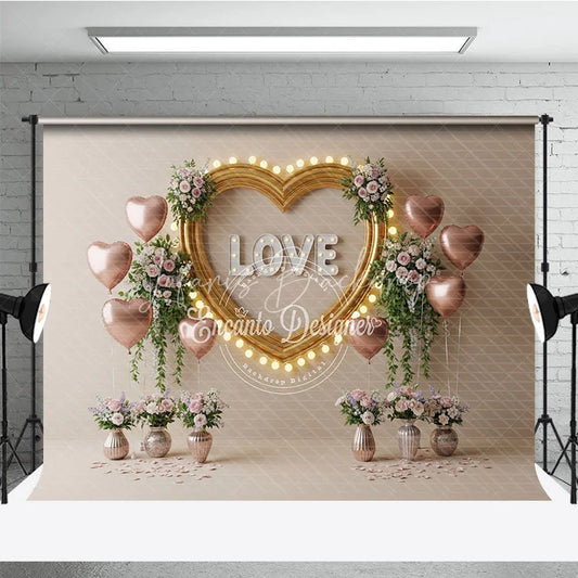 Lofaris Gold Heart Frame Marquee Lights Backdrop LOVE Letters Pink Balloons Floral Background Romantic Photography Banner