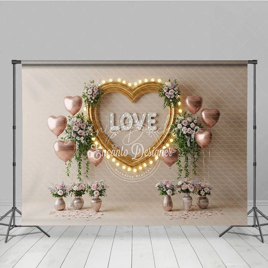 Lofaris Gold Heart Frame Marquee Lights Backdrop LOVE Letters Pink Balloons Floral Background Romantic Photography Banner