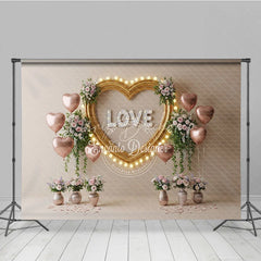 Lofaris Gold Heart Frame Marquee Lights Backdrop LOVE Letters Pink Balloons Floral Background Romantic Photography Banner