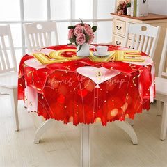 Lofaris Gold Love Balloon Confetti Round Tablecloth Festive Red Ribbon Table Cover for Anniversary
