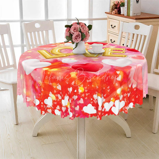 Lofaris Gold Love Balloon Round Tablecloth Romantic Red Bokeh Heart Table Cover for Valentine