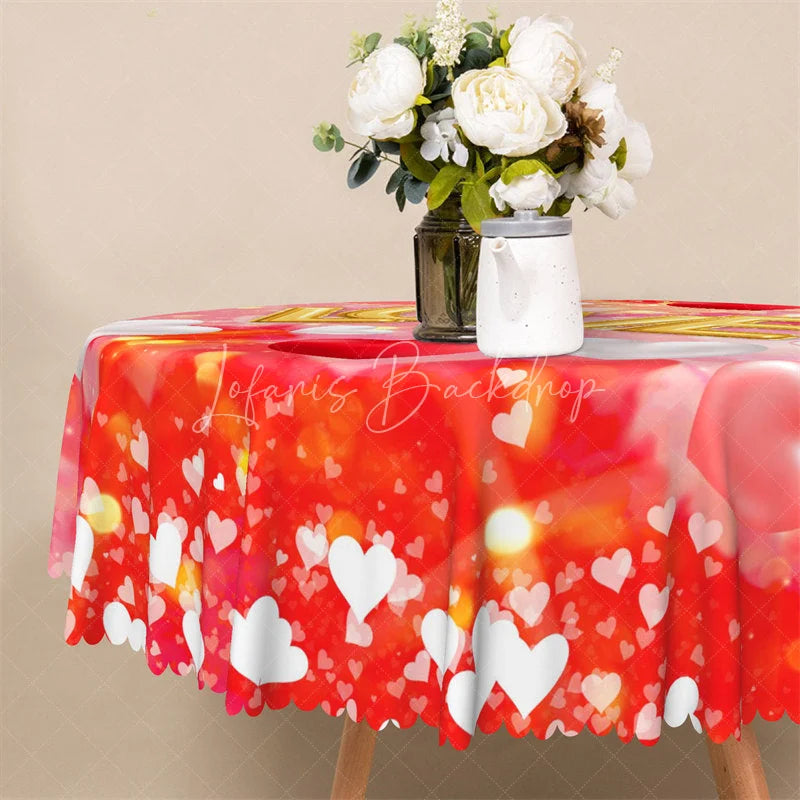 Lofaris Gold Love Balloon Round Tablecloth Romantic Red Bokeh Heart Table Cover for Valentine