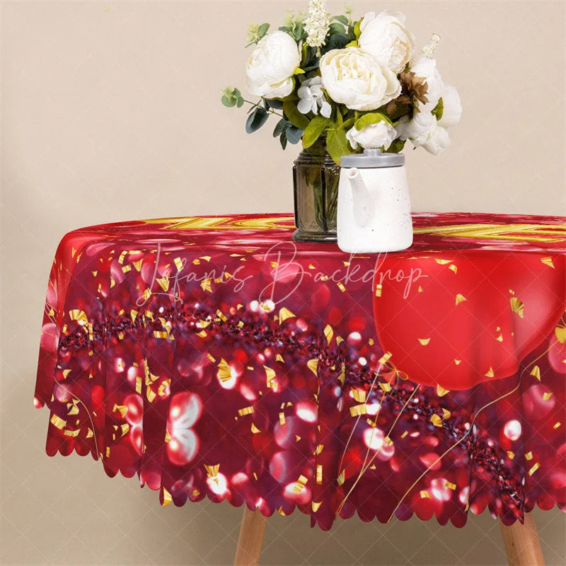Lofaris Gold Love Red Balloon Round Tablecloth Festive Heart Bokeh Table Cover for Anniversary