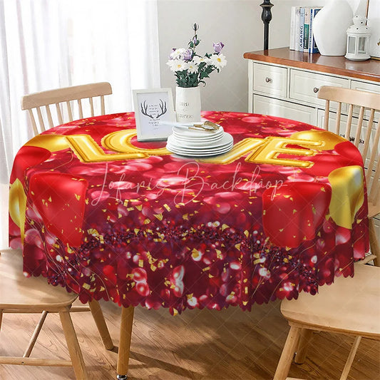 Lofaris Gold Love Red Balloon Round Tablecloth Festive Heart Bokeh Table Cover for Anniversary