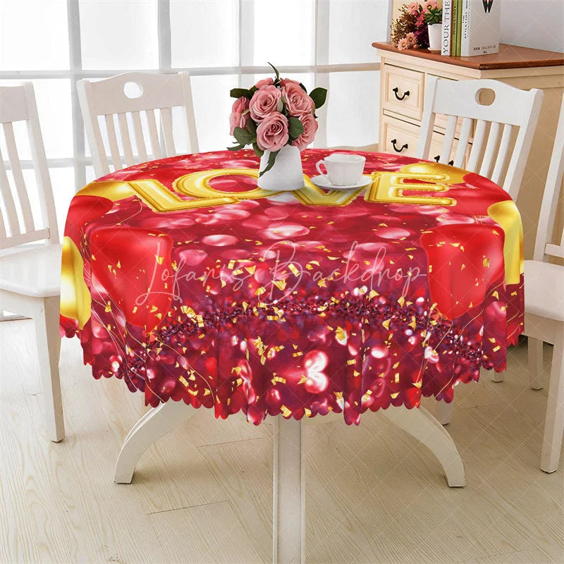Lofaris Gold Love Red Balloon Round Tablecloth Festive Heart Bokeh Table Cover for Anniversary