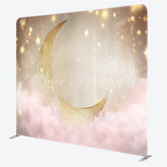 Lofaris Gold Moon Tension Fabric Backdrop Pink Clouds Starry Sky Decor Twinkle Little Star Theme Background for Baby Shower