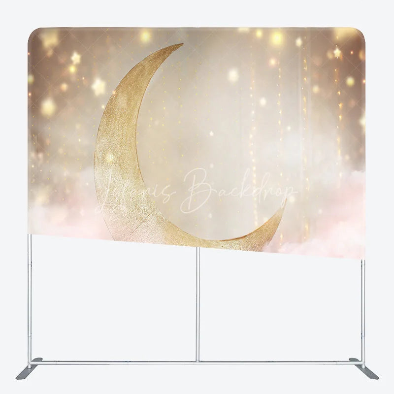 Lofaris Gold Moon Tension Fabric Backdrop Pink Clouds Starry Sky Decor Twinkle Little Star Theme Background for Baby Shower