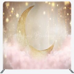 Lofaris Gold Moon Tension Fabric Backdrop Pink Clouds Starry Sky Decor Twinkle Little Star Theme Background for Baby Shower