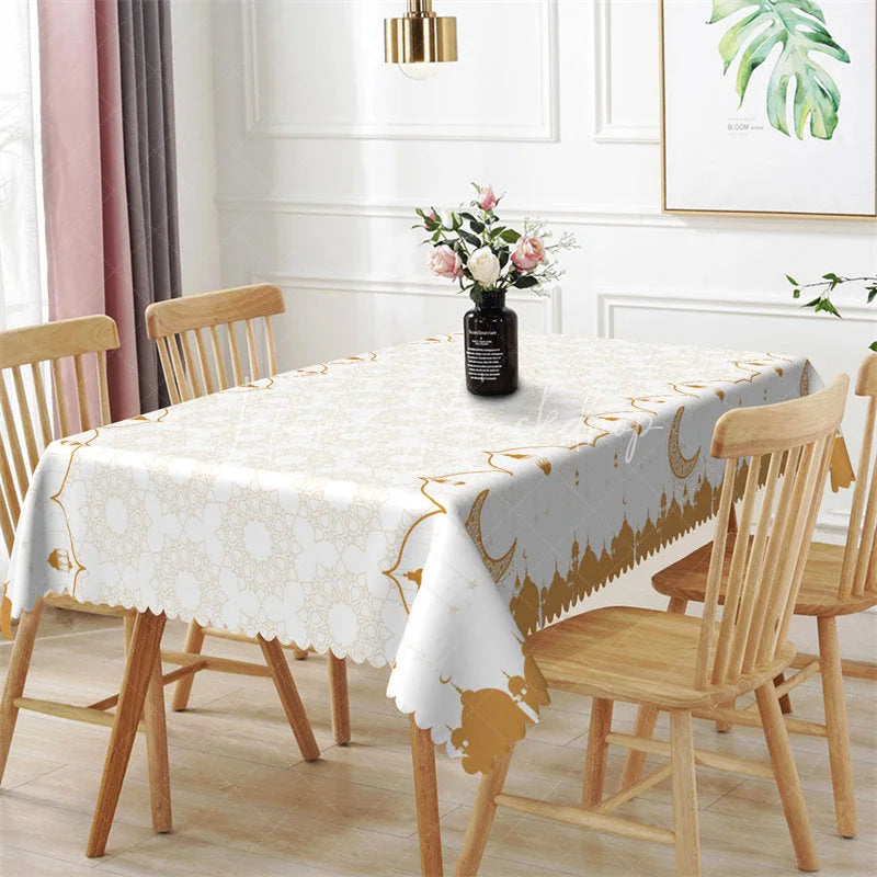 Lofaris Gold Ramadan Kareem Mosque Silhouette Rectangle Tablecloth Islamic Eid Mubarak Pattern Table Cover for Home