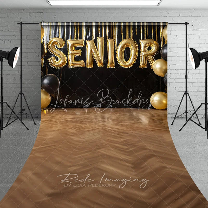 Lofaris Gold Senior Balloons Graduation Photography Backdrop Black Fringe and Wooden Floor Sweep Studio Background