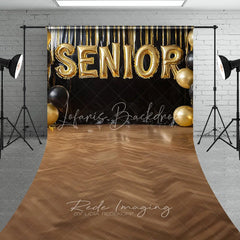 Lofaris Gold Senior Balloons Graduation Photography Backdrop Black Fringe and Wooden Floor Sweep Studio Background