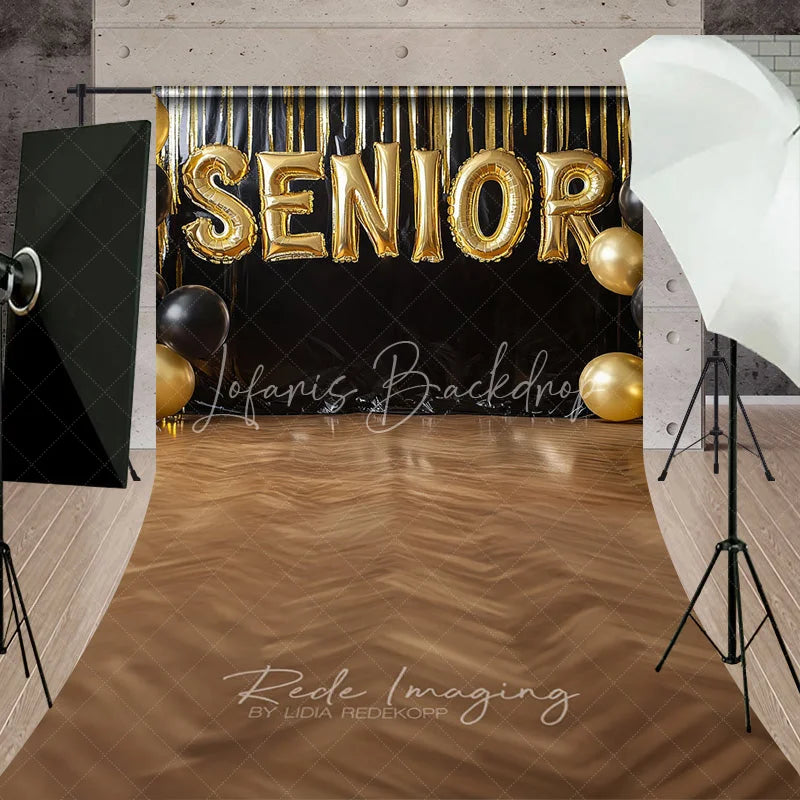 Lofaris Gold Senior Balloons Graduation Photography Backdrop Black Fringe and Wooden Floor Sweep Studio Background