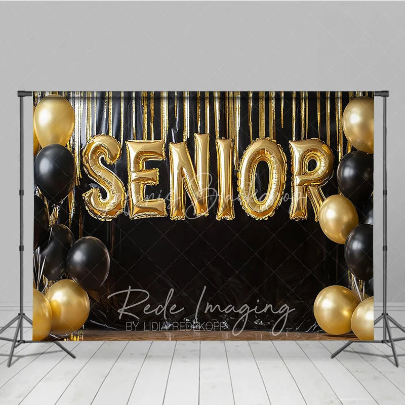 Lofaris Gold Senior Balloons Graduation Photography Backdrop Black Fringe Tinsel and Background