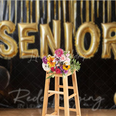 Lofaris Gold Senior Balloons Graduation Photography Backdrop Black Fringe Tinsel and Background