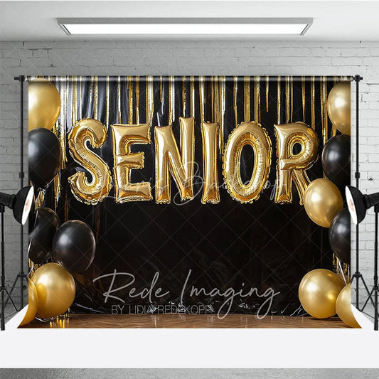 Lofaris Gold Senior Balloons Graduation Photography Backdrop Black Fringe Tinsel and Background