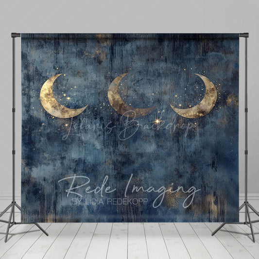 Lofaris Gold Sparkly Moons Blue Abstract Night Photo Backdrop