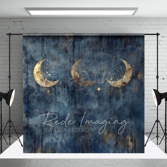 Lofaris Gold Sparkly Moons Blue Abstract Night Photo Backdrop