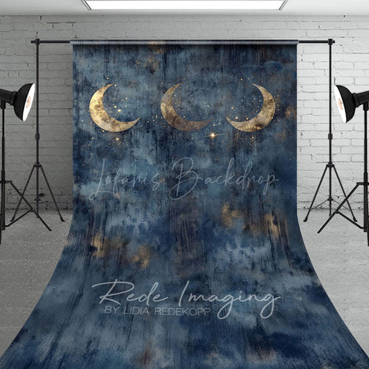 Lofaris Gold Sparkly Moons Blue Abstract Night Sweep Backdrop