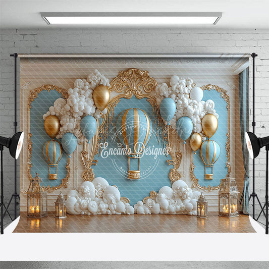 Lofaris Gold Wall Blue Hot Air Balloon Cake Samsh Backdrop