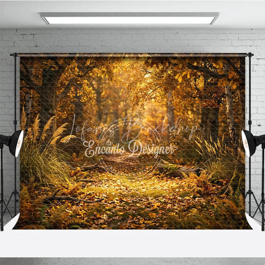 Lofaris Golden Autumn Forest Path Photography Backdrop Enchanting Fall Leaves and Sunlight Scene for Seasonal Photoshoot