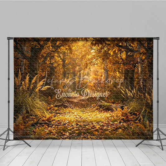 Lofaris Golden Autumn Forest Path Photography Backdrop Enchanting Fall Leaves and Sunlight Scene for Seasonal Photoshoot