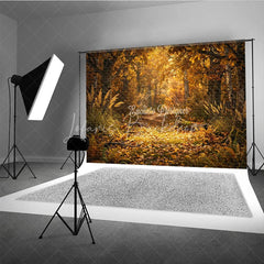 Lofaris Golden Autumn Forest Path Photography Backdrop Enchanting Fall Leaves and Sunlight Scene for Seasonal Photoshoot