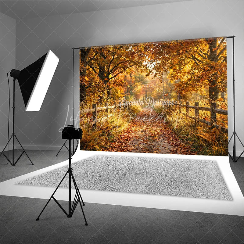 Lofaris Golden Autumn Forest Path Photography Backdrop with Rustic Wooden Fence and Fallen Leaves