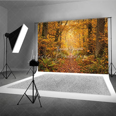 Lofaris Golden Autumn Forest Photography Backdrop with Winding Path Sunlight and Falling Leaves Natural Rustic Scenery