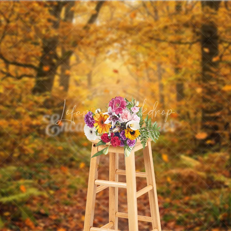 Lofaris Golden Autumn Forest Photography Backdrop with Winding Path Sunlight and Falling Leaves Natural Rustic Scenery