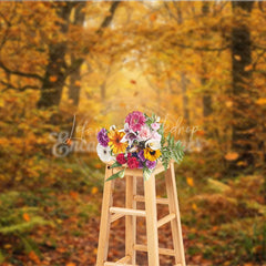 Lofaris Golden Autumn Forest Photography Backdrop with Winding Path Sunlight and Falling Leaves Natural Rustic Scenery